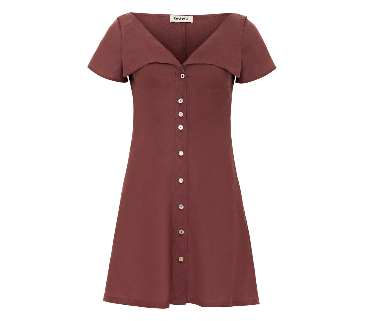 Gabi Short Dress / 100% Linen in Plum with Shell Buttons
