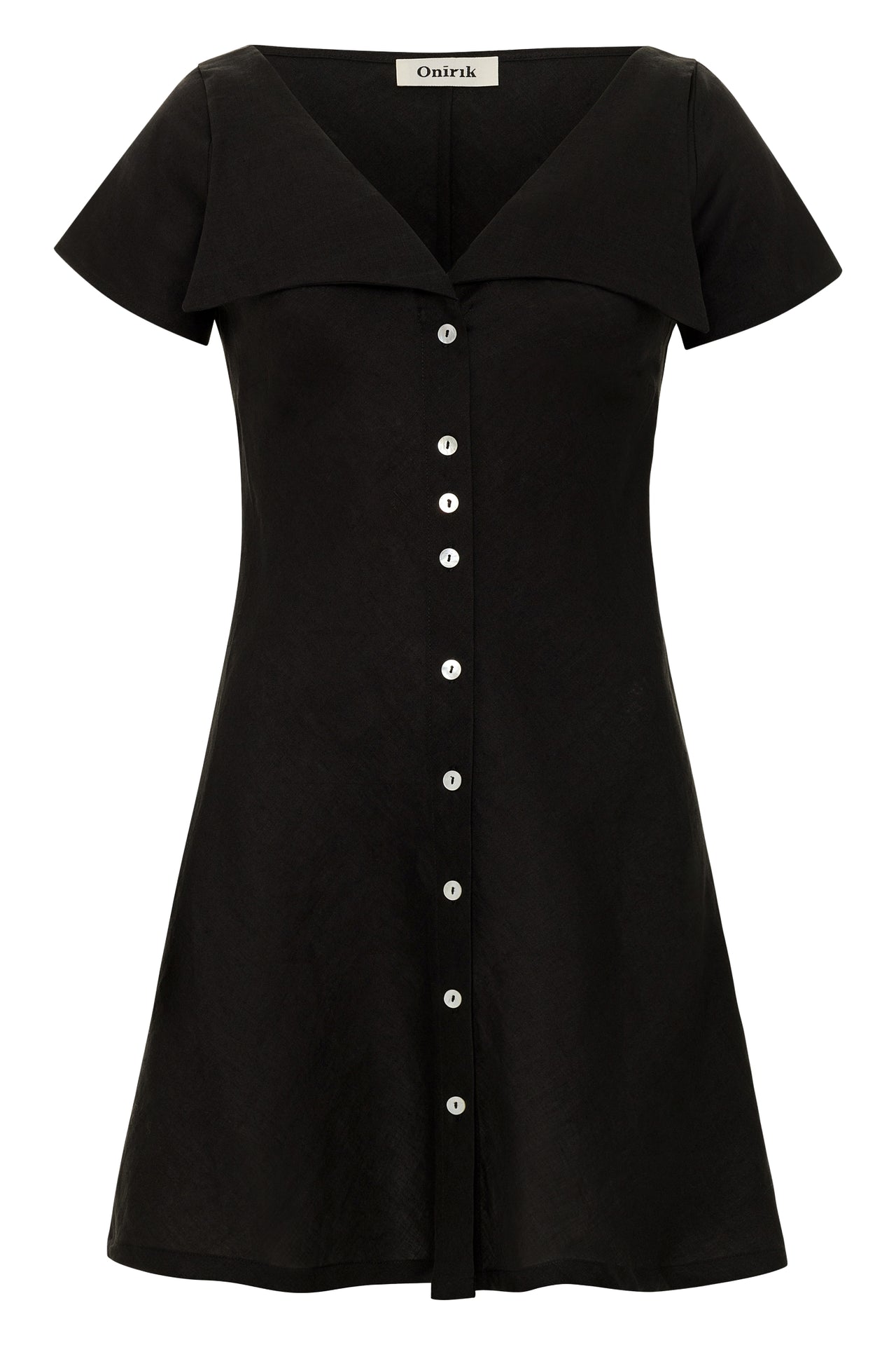 Gabi Short Dress / 100% Linen in Black with Shell Buttons