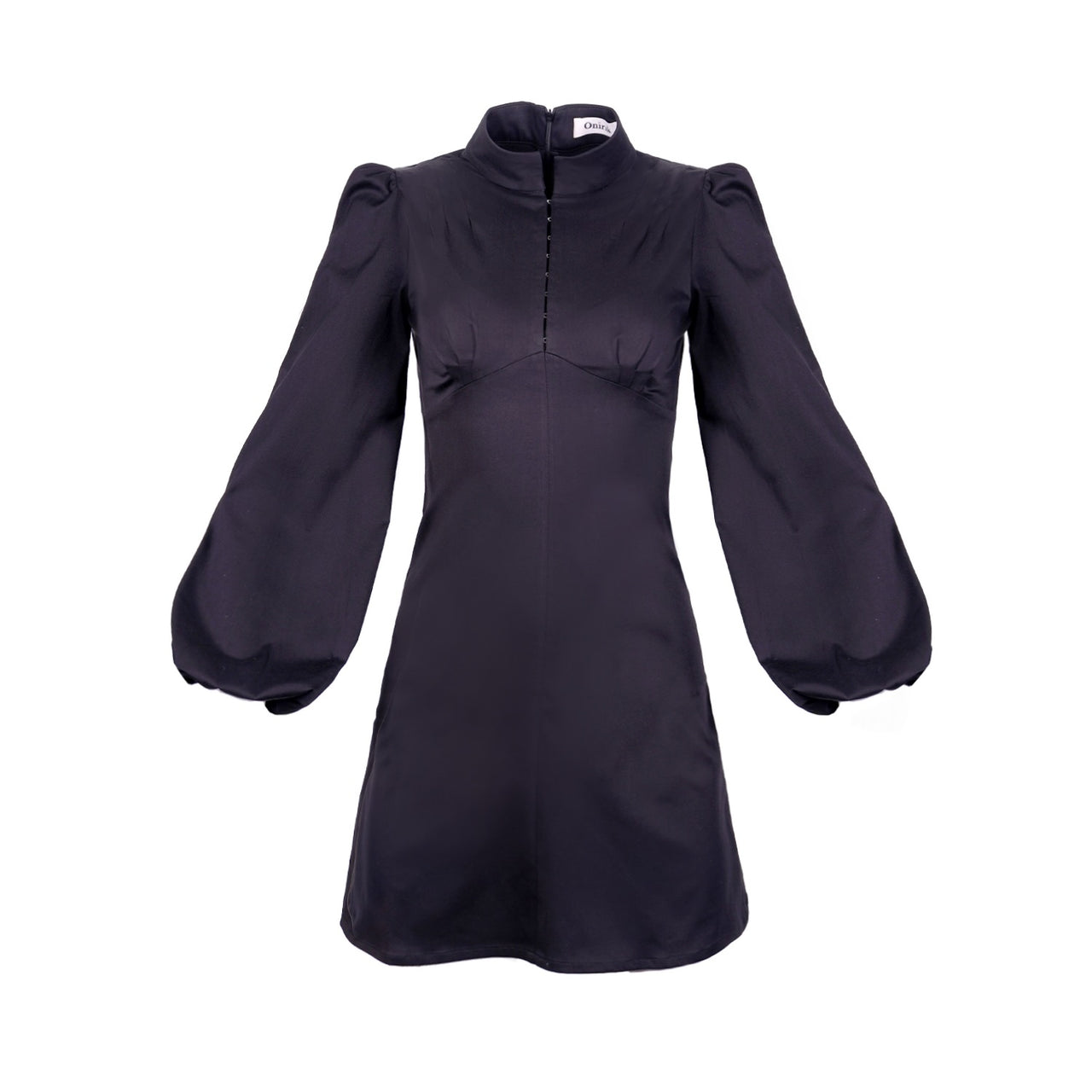 Jane High Neck Empire Mini Dress with Hook and Eye Detail and Blouson Sleeves / Black Cotton