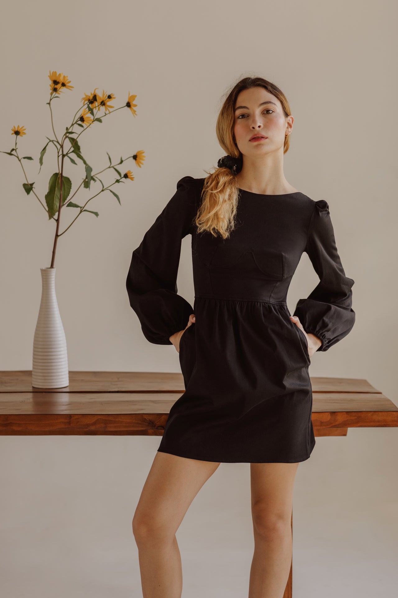 Sadie Bateau Neck Mini Dress with Corset Seam Details / Black Cotton