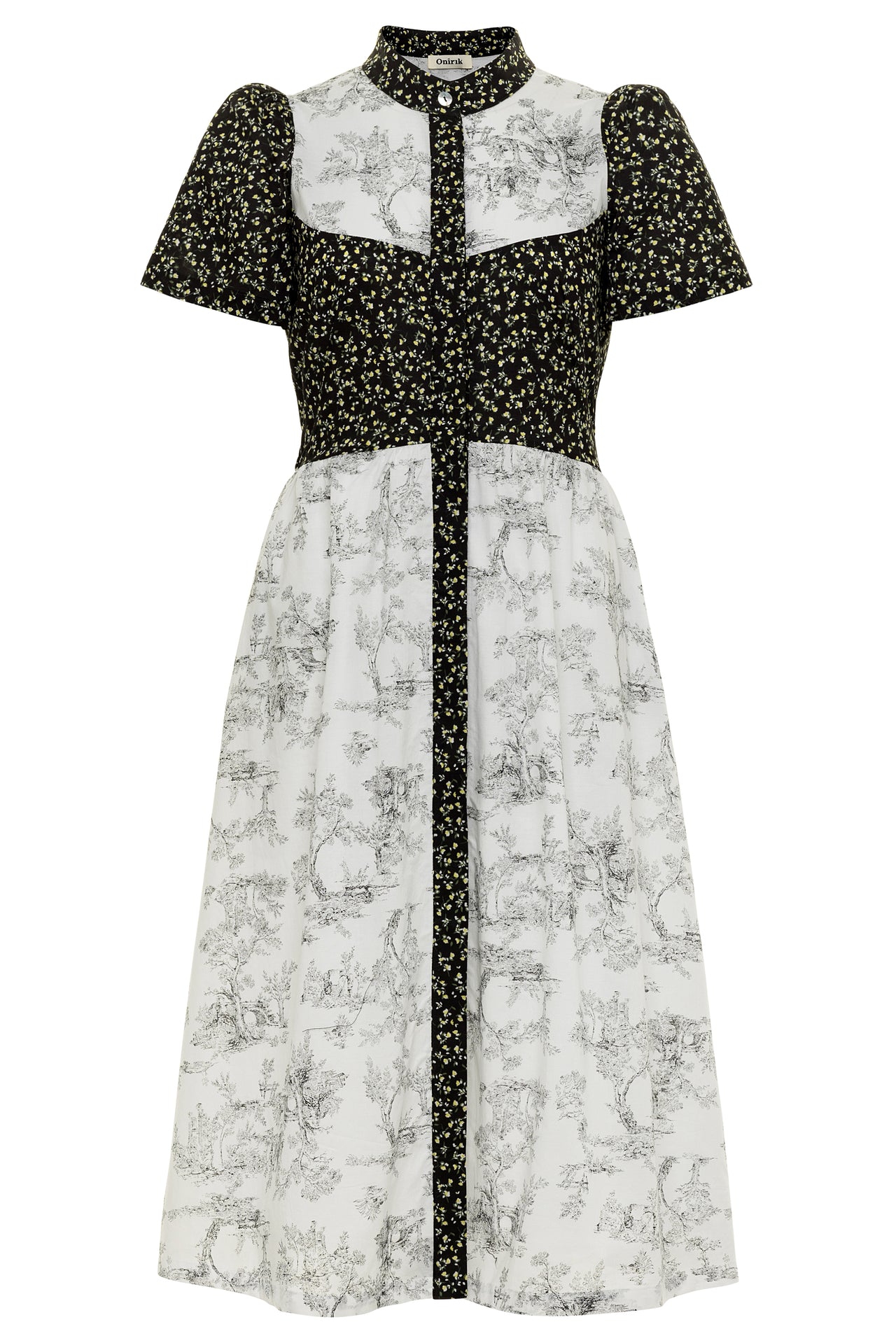 Clover Shirt Dress / Black Mini Floral + Vintage White Toile Print Cotton Voile