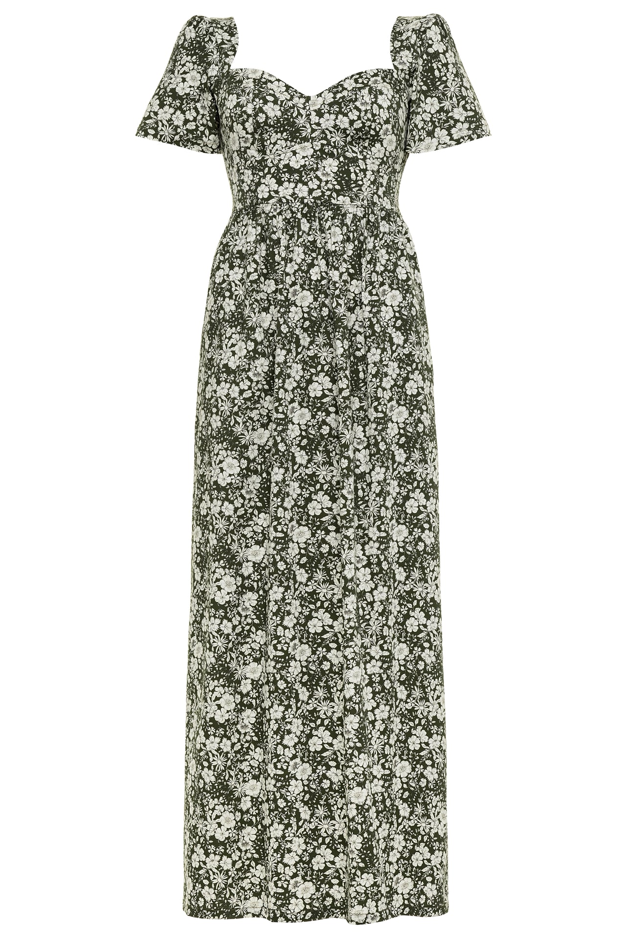 Poppy Maxi Dress with a Sweetheart Neckline and Sculpted Bodice / Forest Green + Vintage White Floral Cotton