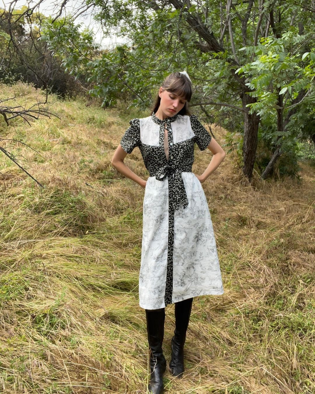 Clover Shirt Dress / Black Mini Floral + Vintage White Toile Print Cotton Voile Clover Shirt Dress / Black Mini Floral + Vintage White Toile Print Cotton Voile