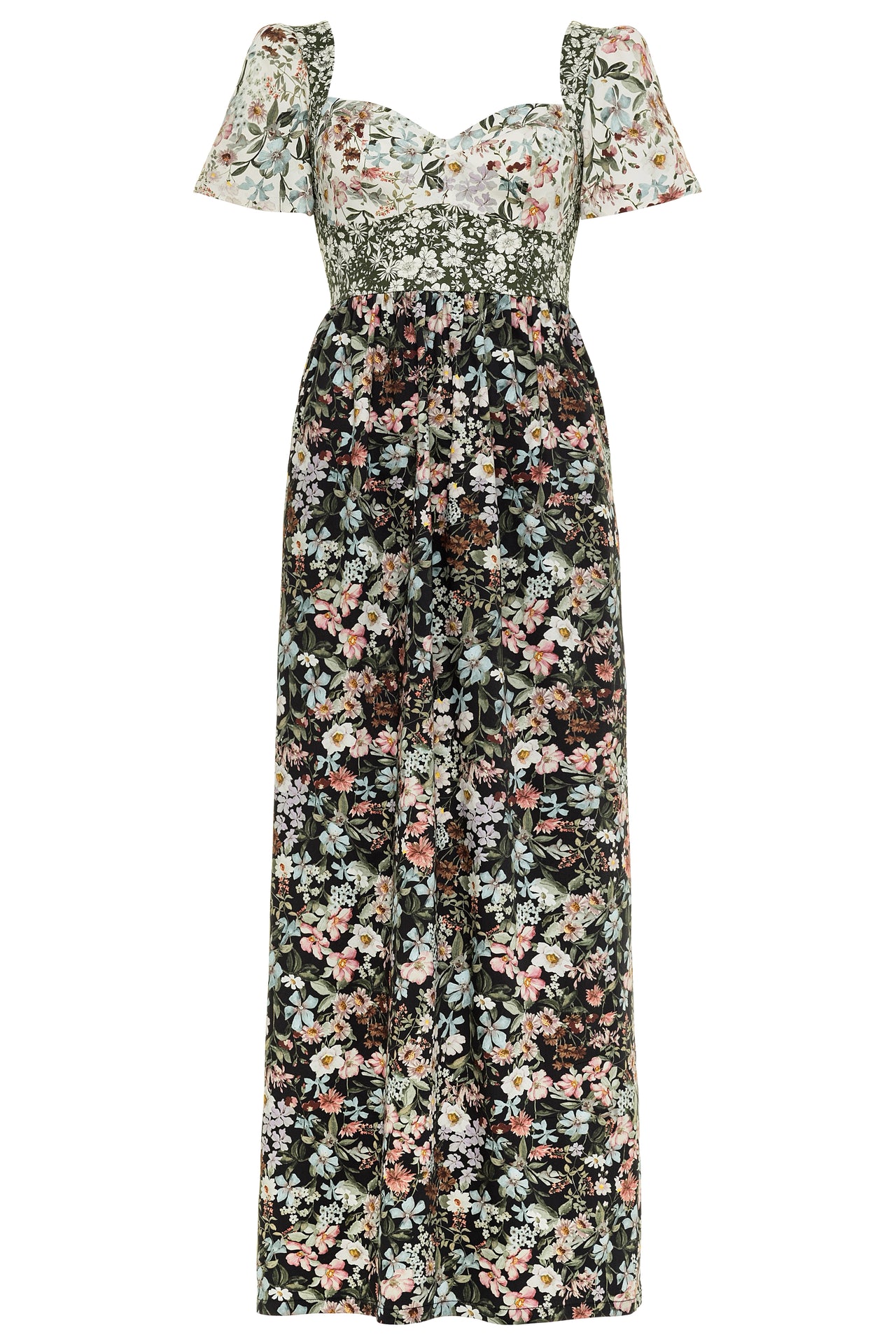 Poppy Maxi Dress with a Sweetheart Neckline and Sculpted Bodice / Mixed Floral Cotton