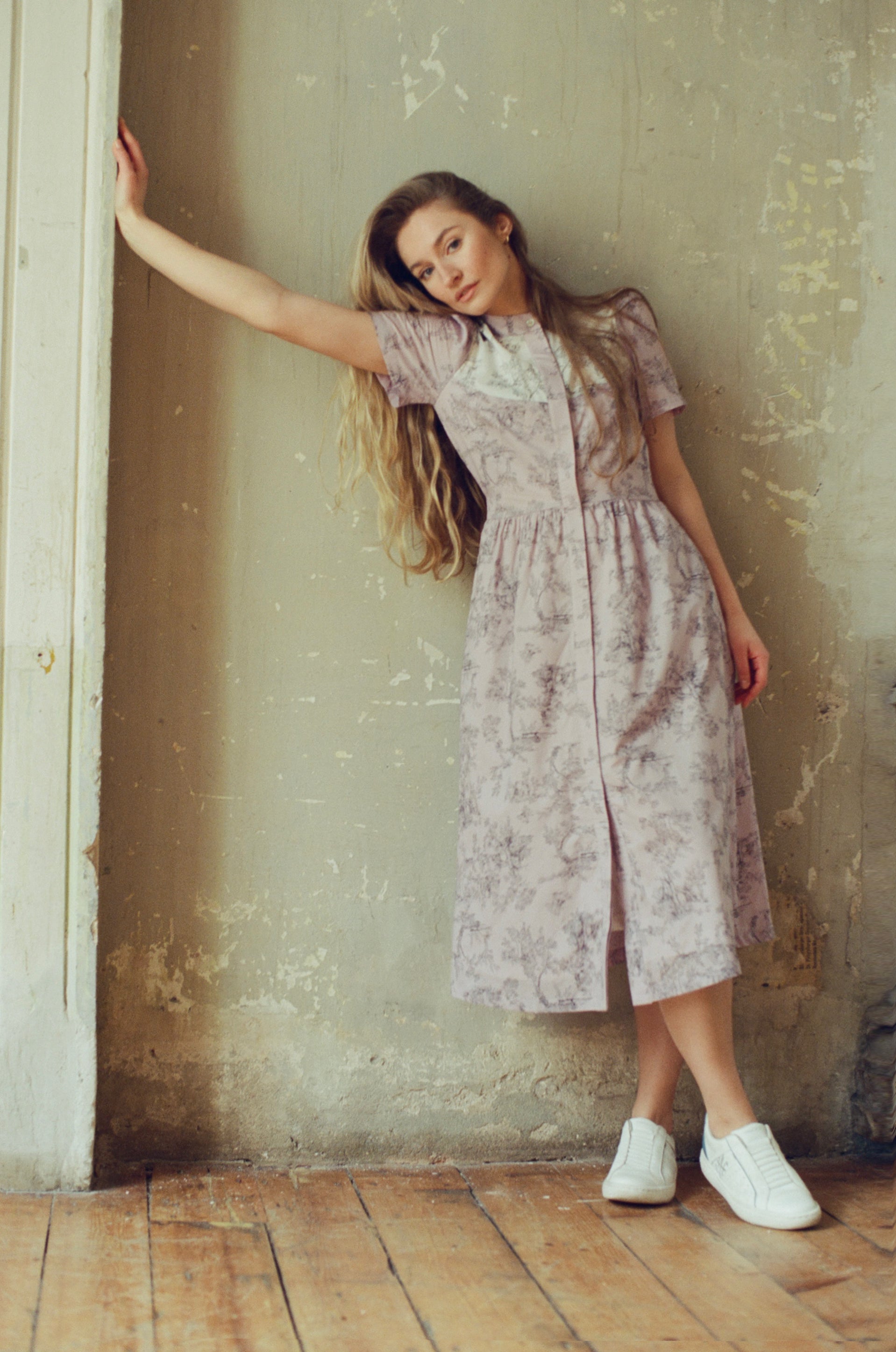 Clover Shirt Dress / Lilac + Vintage White Toile Print Cotton Voile Clover Shirt Dress / Lilac + Vintage White Toile Print Cotton Voile
