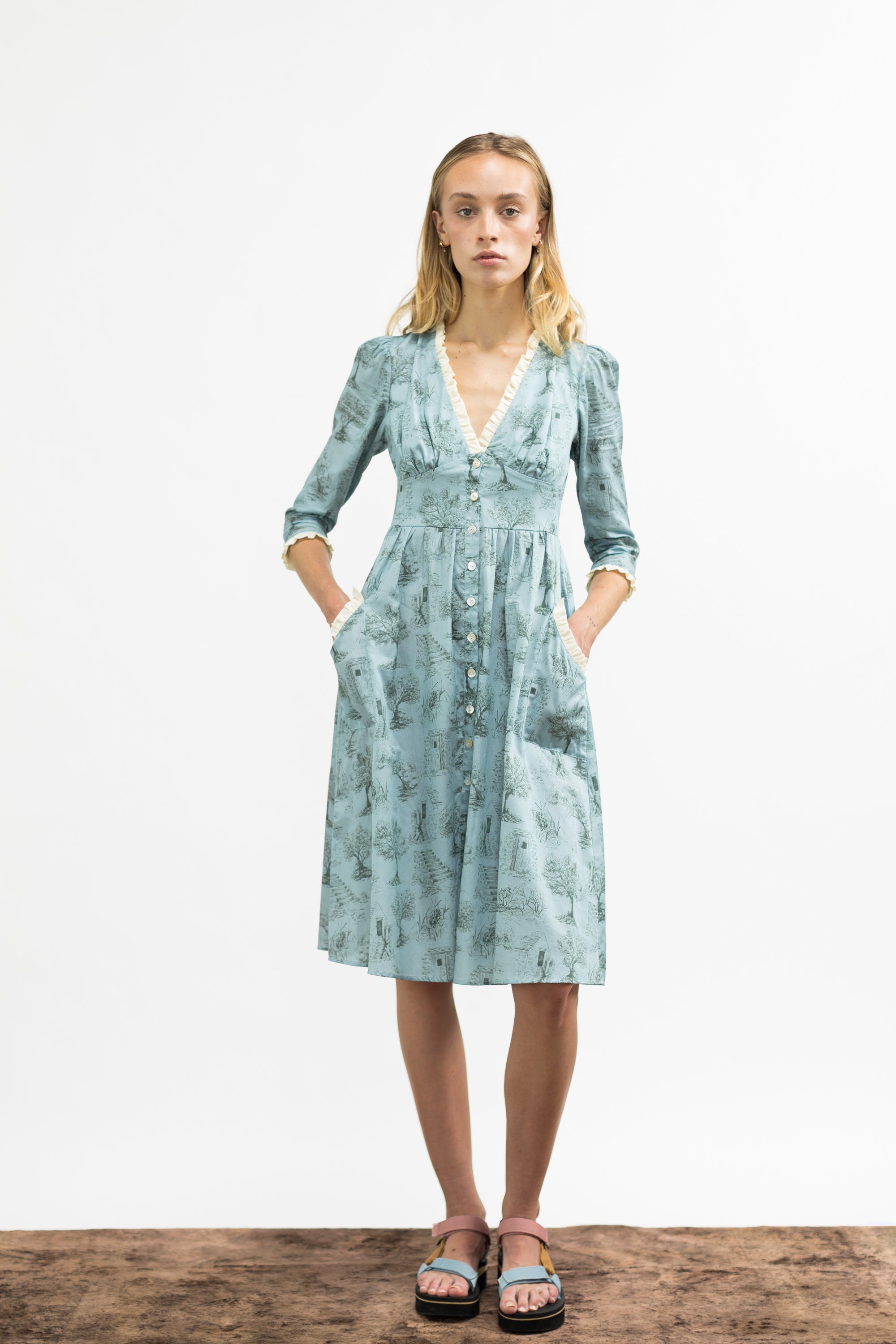 Antonia Dress / Cottage Blue + Pewter Green Toile Cotton - Onirik Antonia Dress / Cottage Blue + Pewter Green Toile Cotton - Onirik