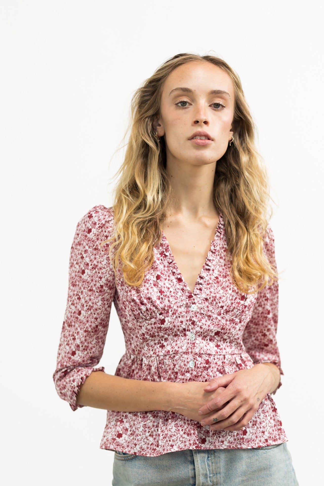 Nia Top / Pink + Milkly White Liberty Floral Cotton with Ruffle