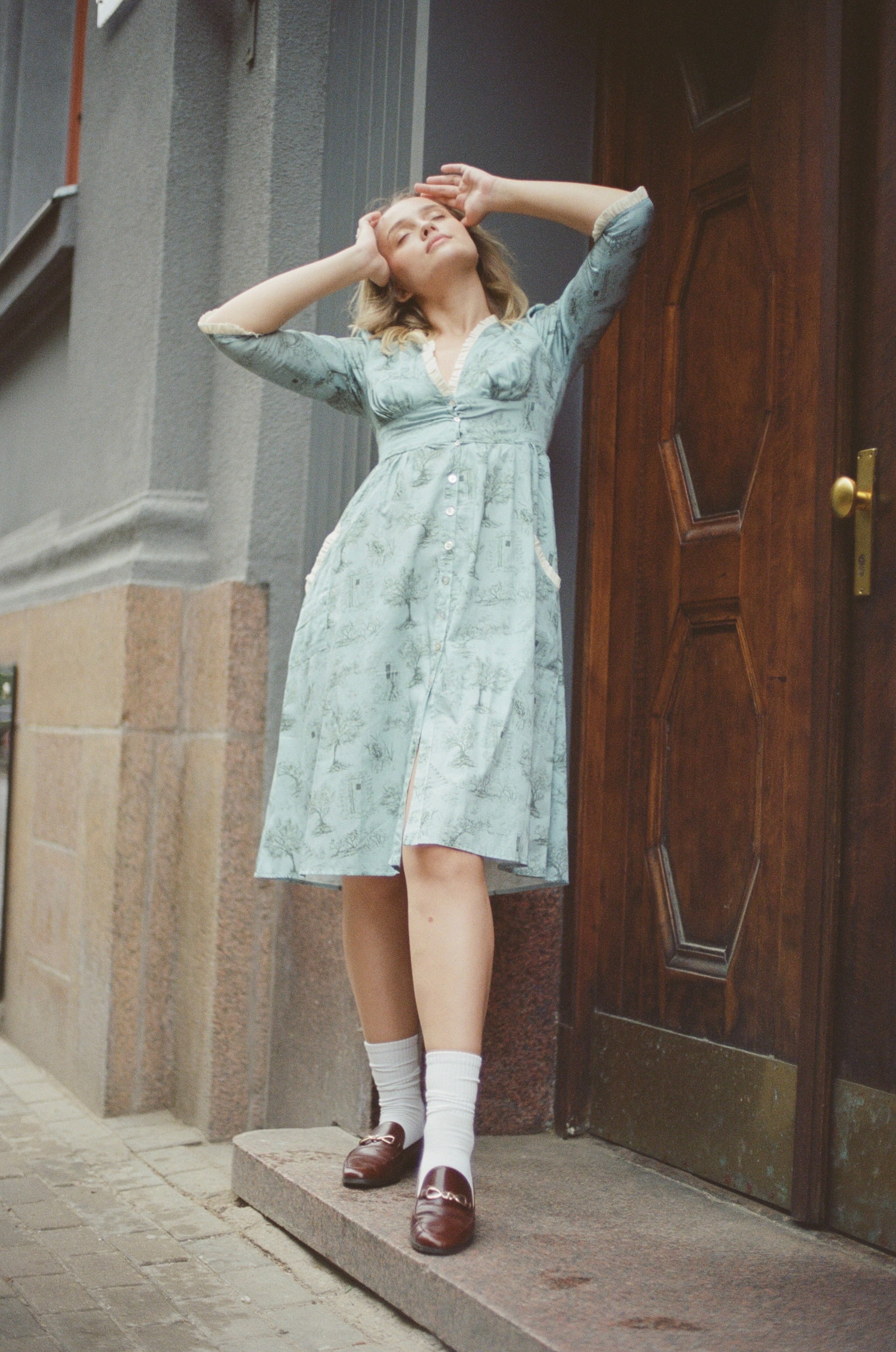 Antonia Dress / Cottage Blue + Pewter Green Toile Cotton - Onirik Antonia Dress / Cottage Blue + Pewter Green Toile Cotton - Onirik
