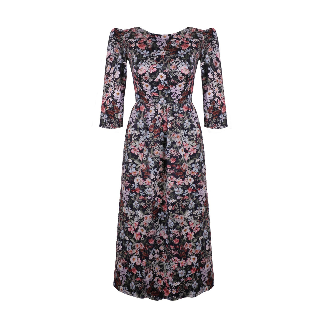 Anais Bateau Neck Dress with Corset Seam Details / Black Floral Cotton