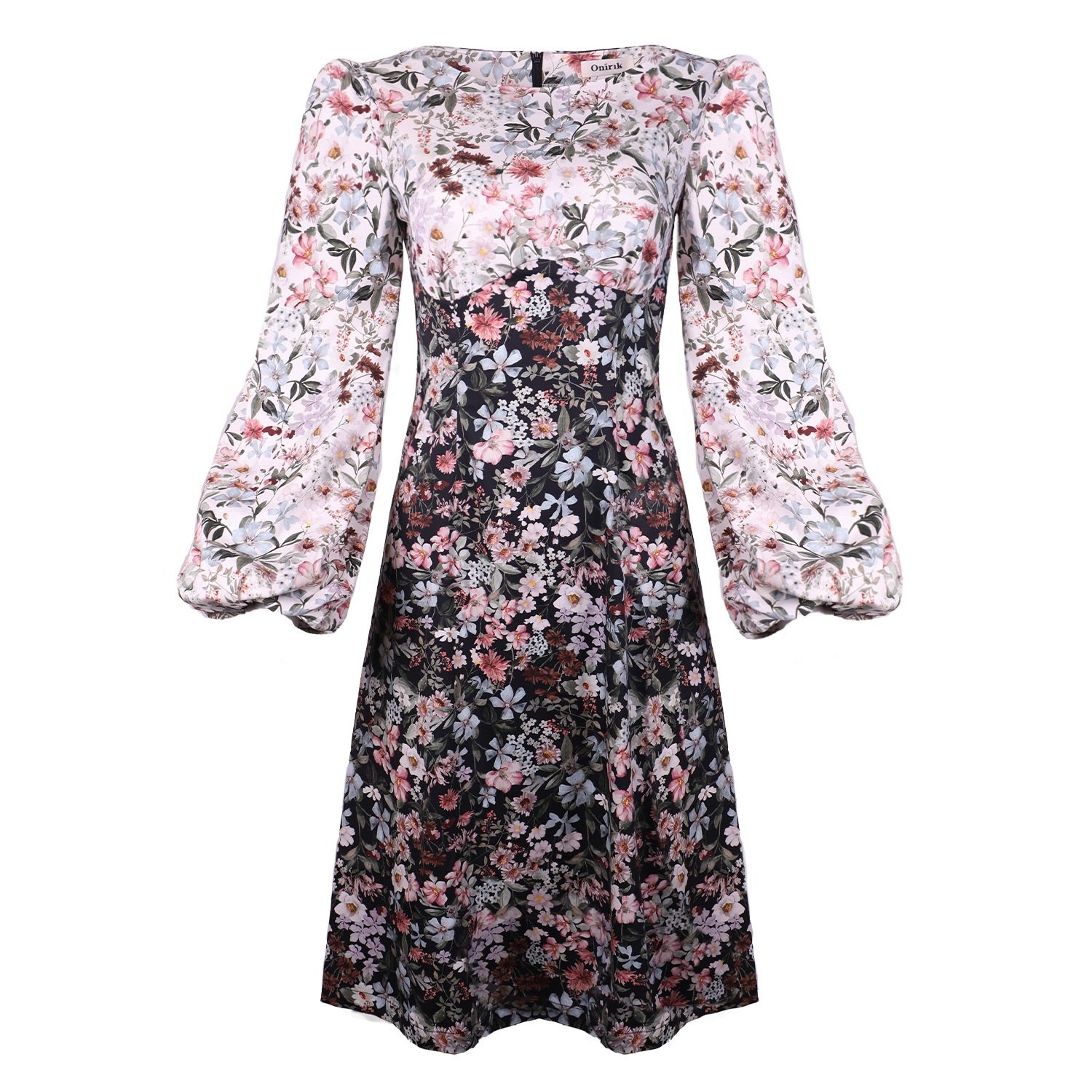 Daphne Midi Dress with Bust Seam Detail and Blouson Sleeves / Mixed Bl - Onirik Daphne Midi Dress with Bust Seam Detail and Blouson Sleeves / Mixed Bl - Onirik