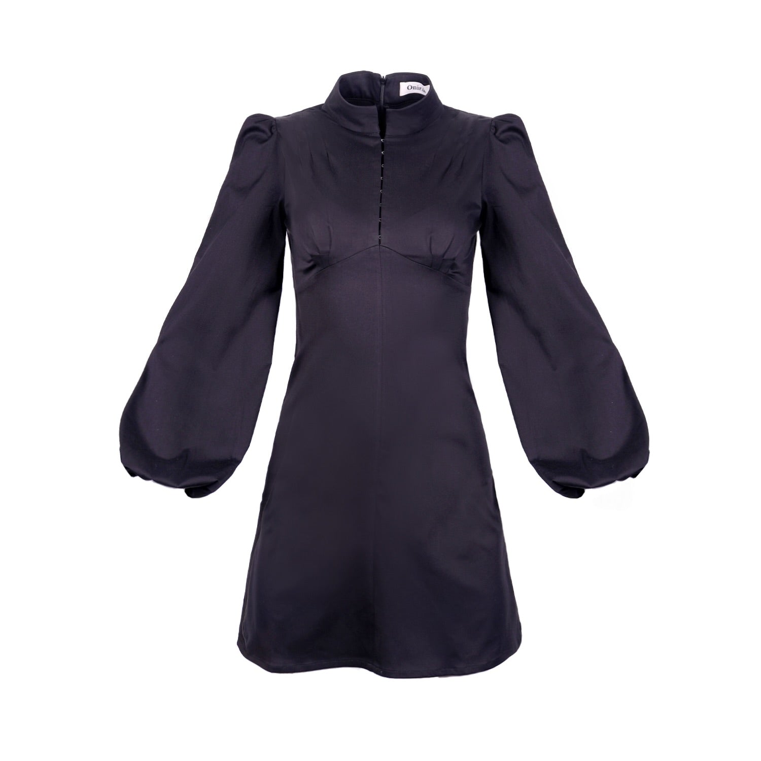 Jane High Neck Empire Mini Dress with Hook and Eye Detail and Blouson