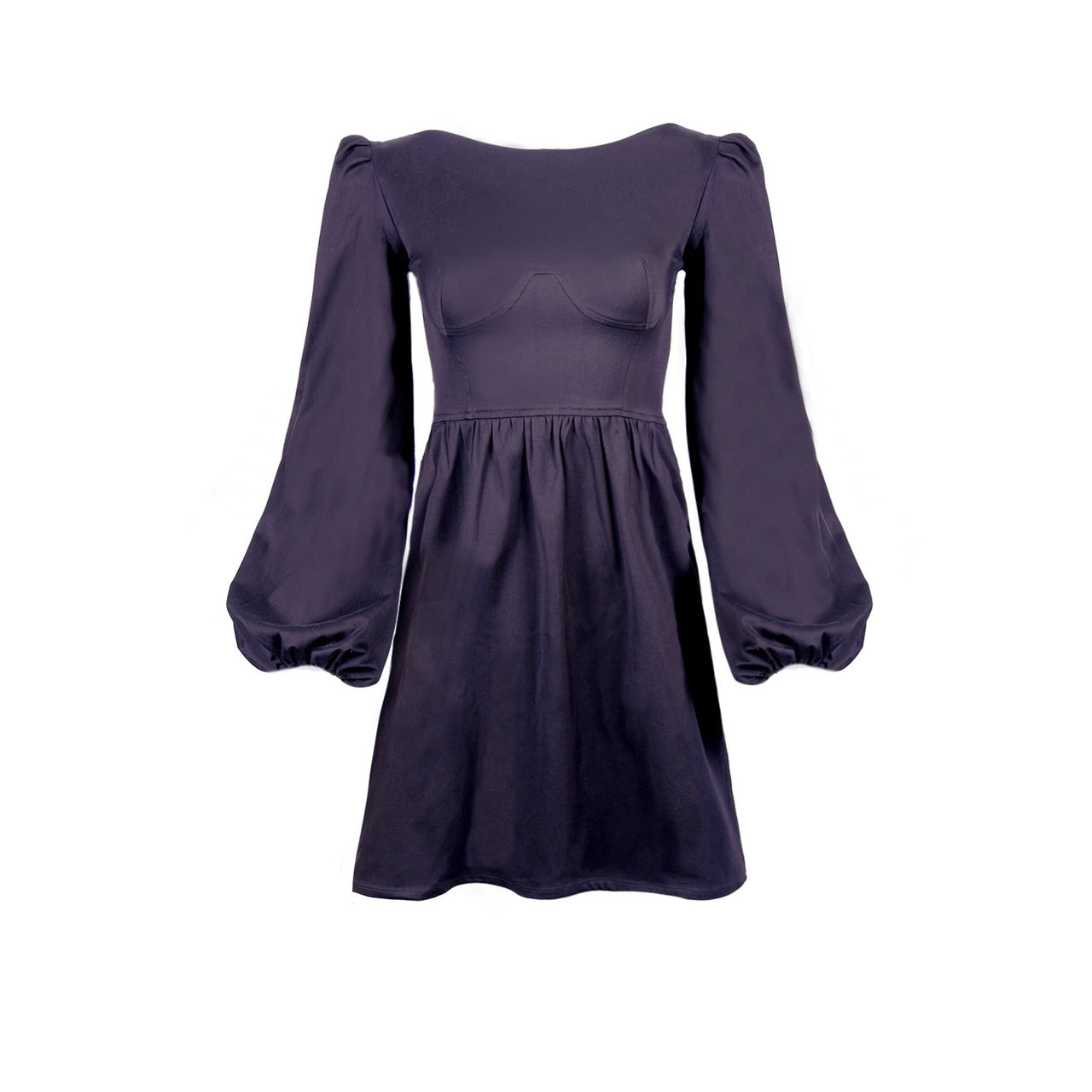 Sadie Bateau Neck Mini Dress with Corset Seam Details / Black Cotton