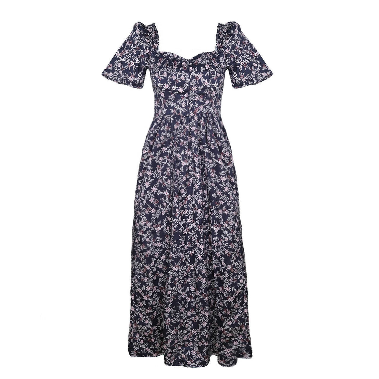Beatrice Maxi Dress with Sweetheart Neckline / Black Floral Cotton