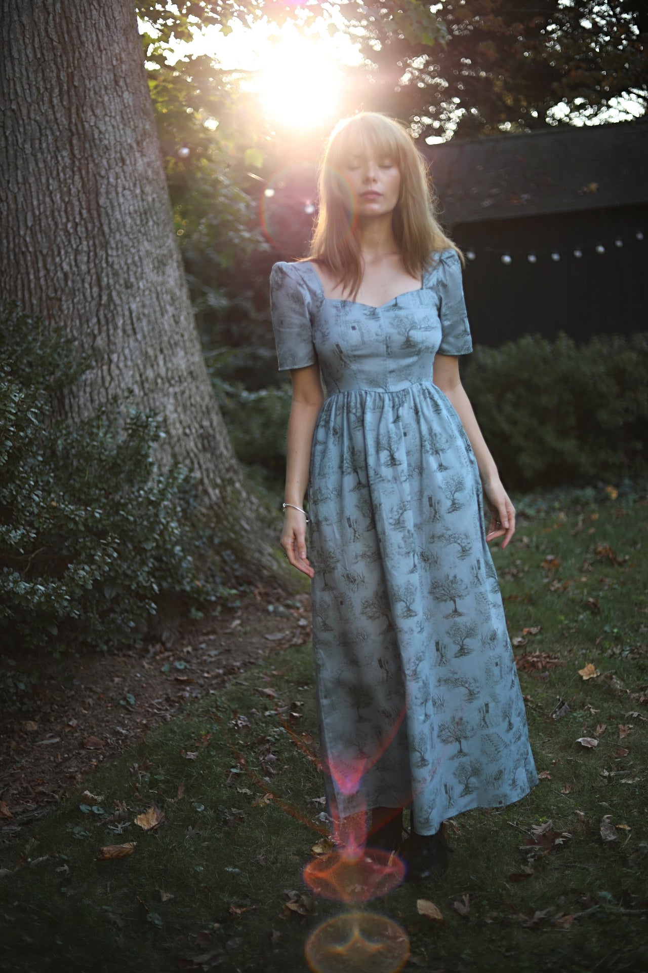 Beatrice Maxi Dress with Sweetheart Neckline / Cottage Blue + Pewter Green Toile Cotton