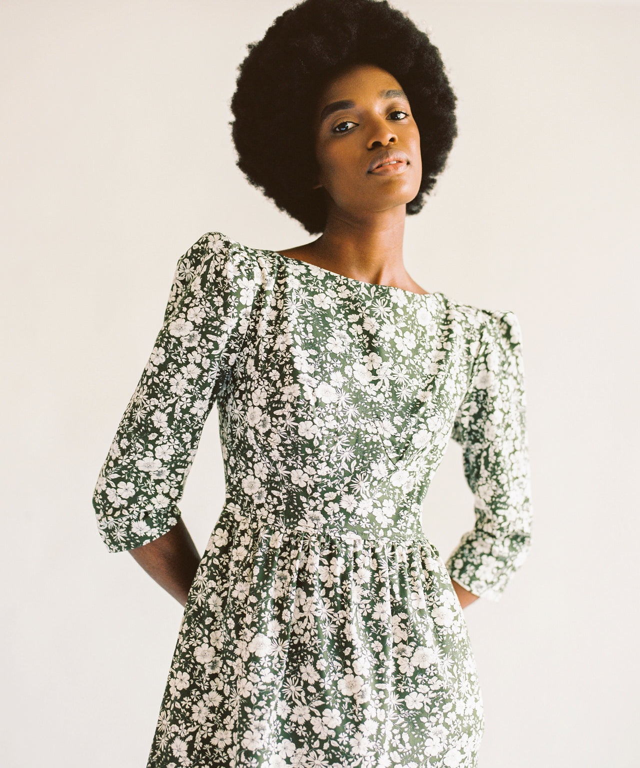 Anais Bateau Neck Dress with Corset Seam Details / Forest Green and Milky White Floral Cotton