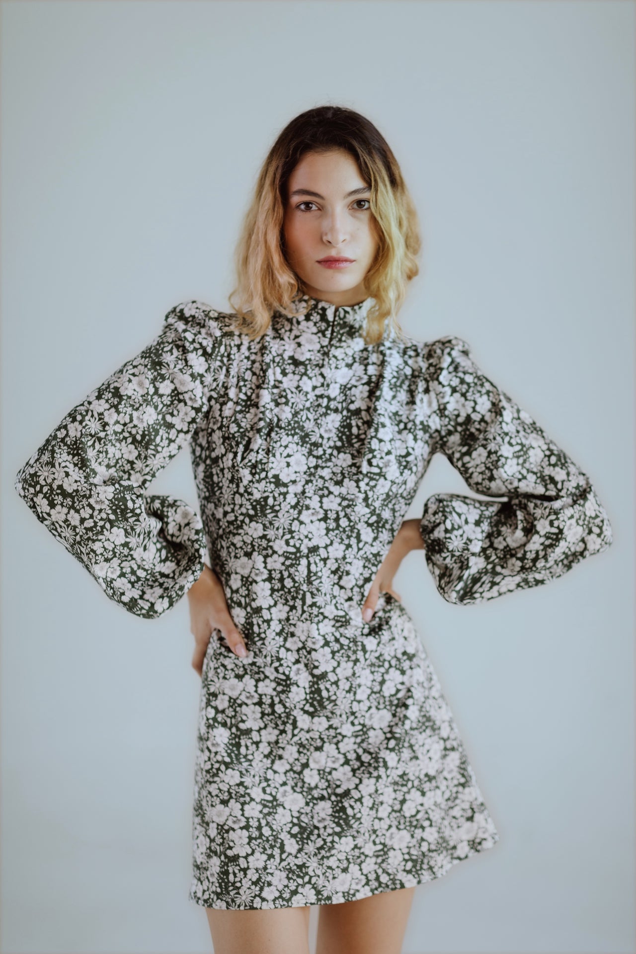 Jane High Neck Empire Mini Dress with Hook and Eye Detail and Blouson Sleeves / Forest Green and Milky White Floral Cotton