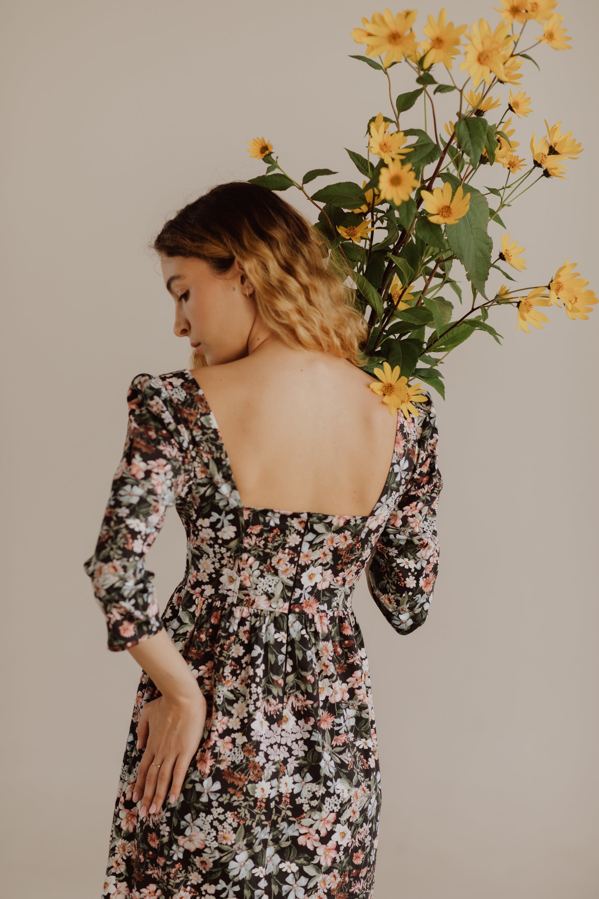 Violet Dress with a Sweetheart Neckline / Black Floral Cotton - Onirik Violet Dress with a Sweetheart Neckline / Black Floral Cotton - Onirik