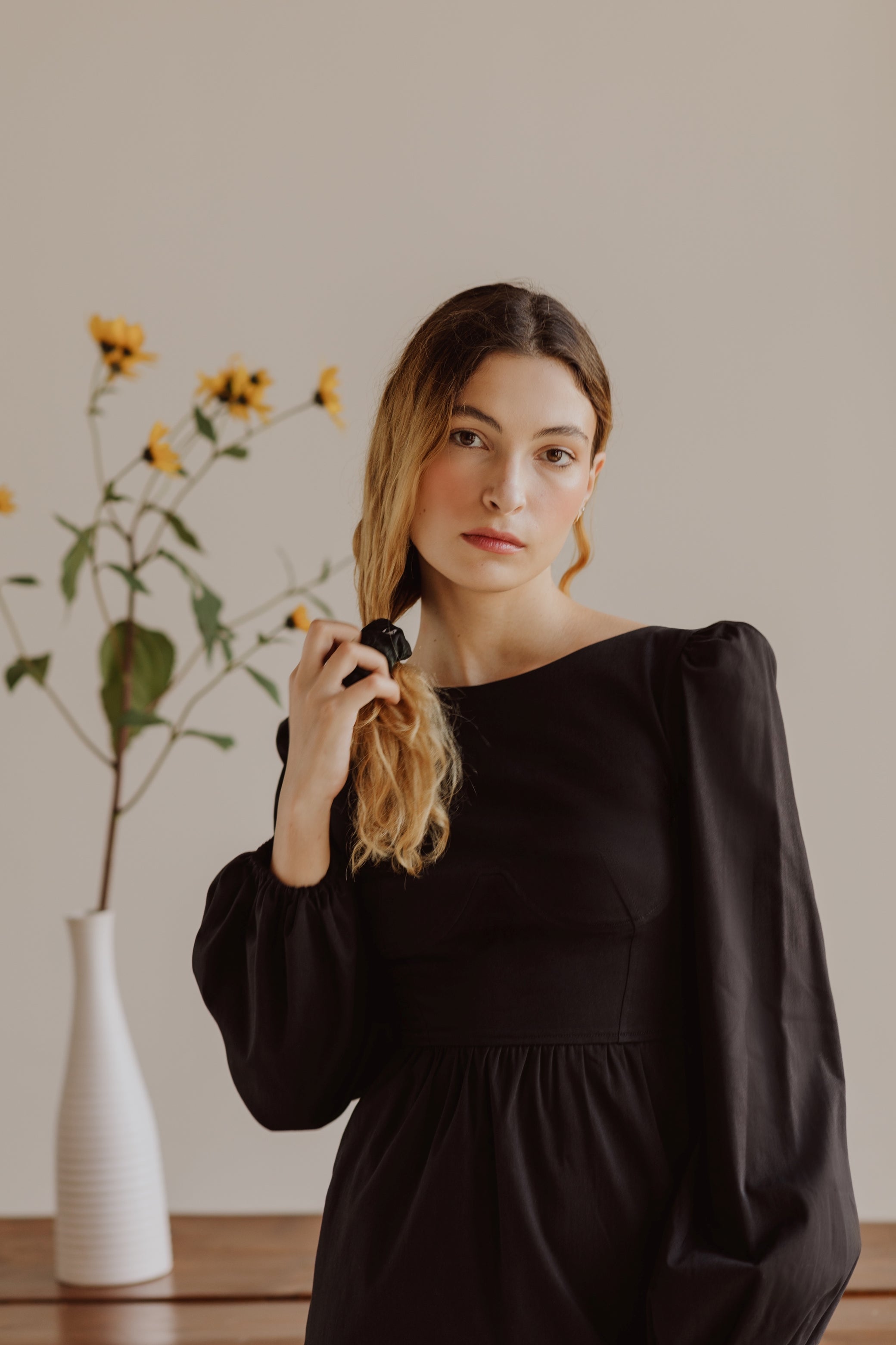 Sadie Bateau Neck Mini Dress with Corset Seam Details / Black Cotton - Onirik Sadie Bateau Neck Mini Dress with Corset Seam Details / Black Cotton - Onirik