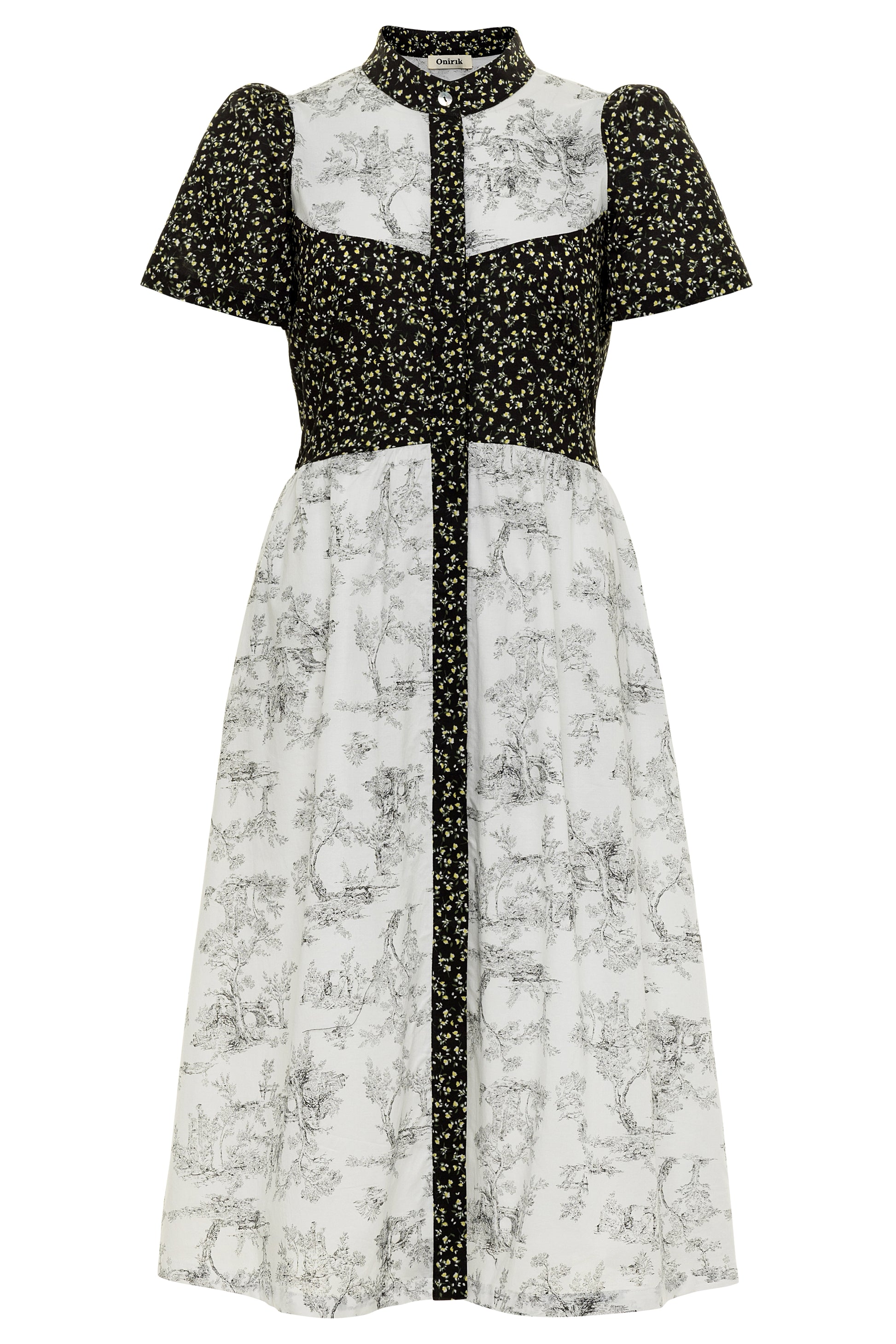 Clover Shirt Dress / Black Mini Floral + Vintage White Toile Print Cot