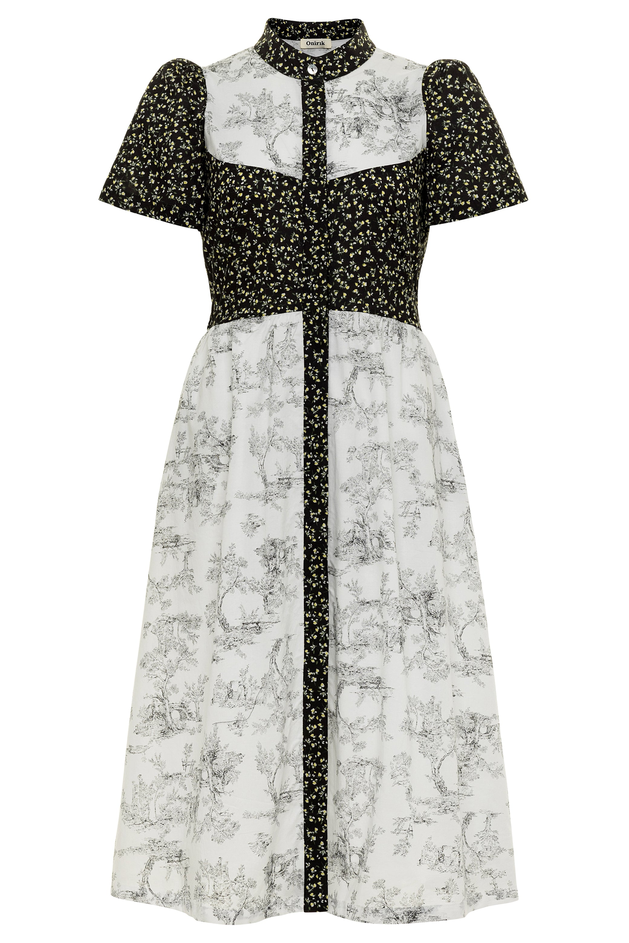 Clover Shirt Dress / Black Mini Floral + Vintage White Toile Print Cot - Onirik Clover Shirt Dress / Black Mini Floral + Vintage White Toile Print Cot - Onirik